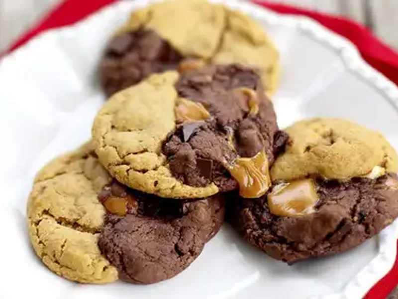 Chocolate Peanut Butter Caramel Swirl Cookies with Pretzels