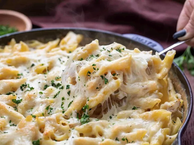Creamy Chicken Alfredo Pasta Bake with Mozzarella
