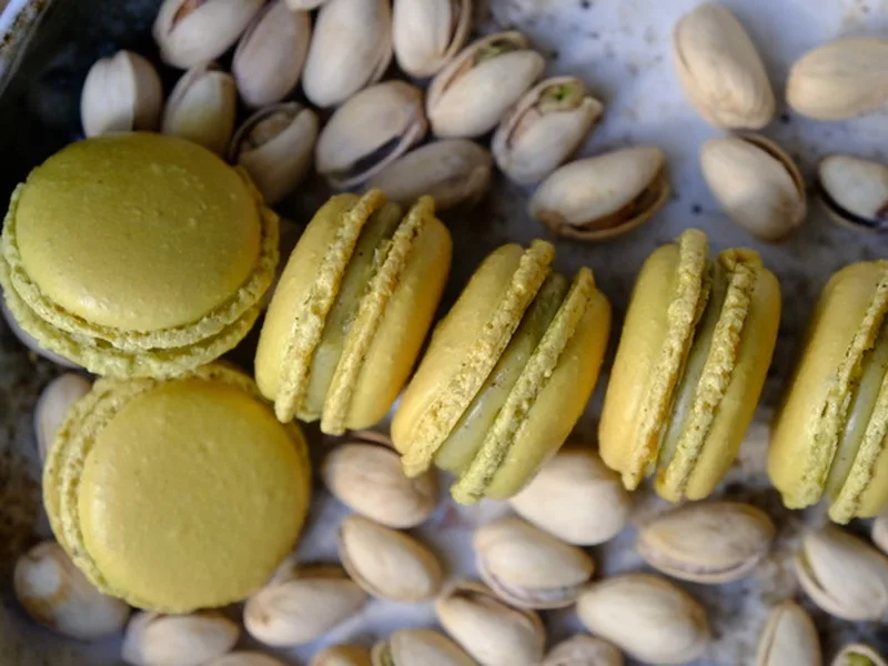 Pistachio Macarons with White Chocolate Ganache