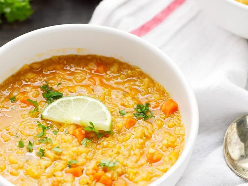 Red Curry Lentil Quinoa Soup with Vegetables