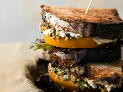 Mediterranean Tomato Sandwich with Olive Tapenade and Hummus