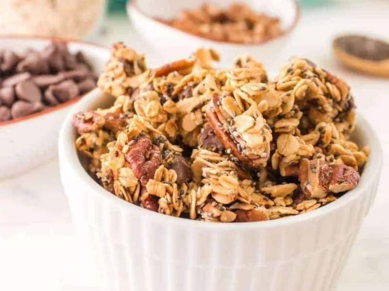 Air Fryer Chocolate Chip Granola with Pecans and Chia Seeds