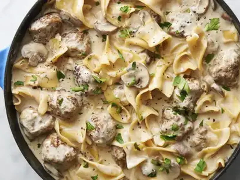 One-Skillet Meatball Stroganoff with Egg Noodles