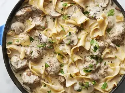 One-Skillet Meatball Stroganoff with Egg Noodles