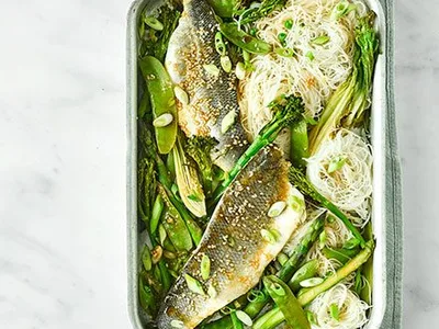 Sticky Soy Sea Bass with Greens Traybake