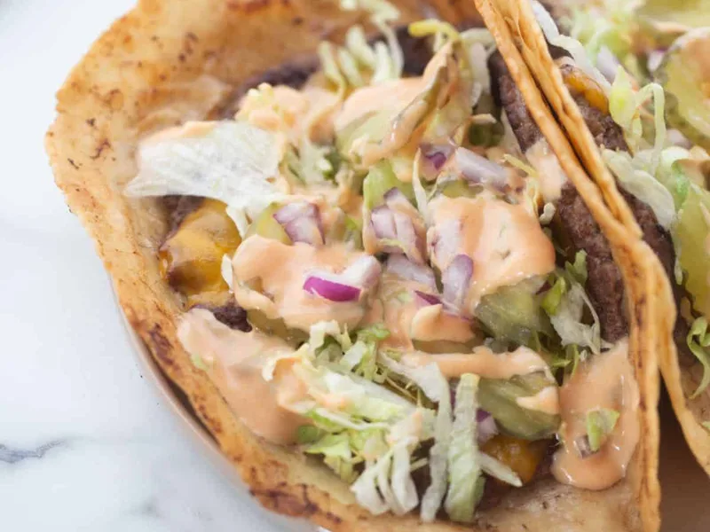Gluten Free Smash Burger Tacos with Big Mac Sauce
