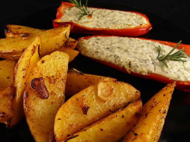 Roasted Red Peppers Stuffed with Feta and Lemon Herb Potatoes