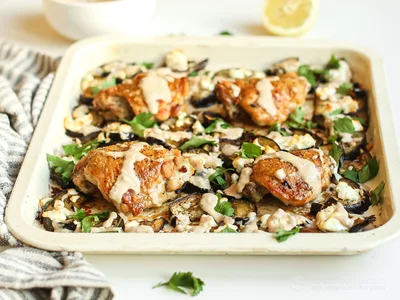 Mediterranean Tahini Chicken and Eggplant Tray Bake