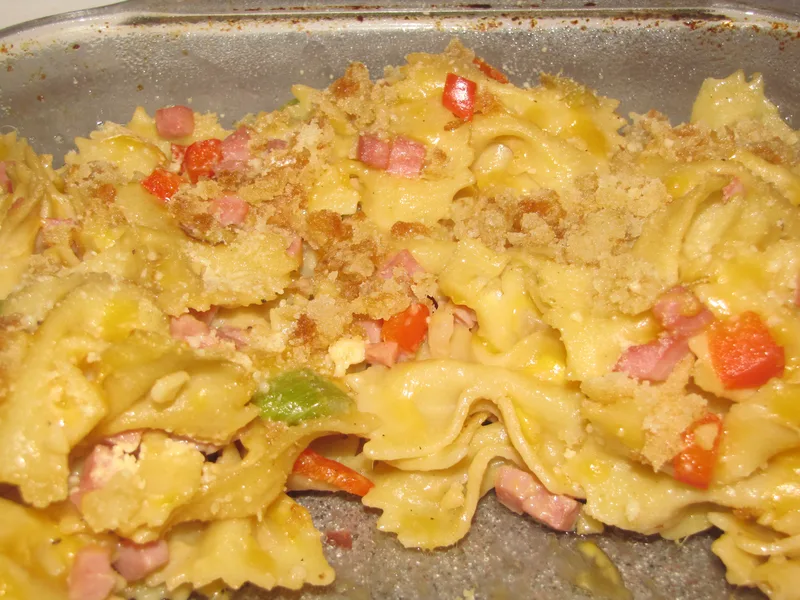 Baked Ham and Cheese Farfalle Casserole with Almond Crumb Topping