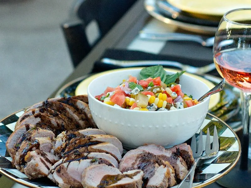 Blue Cheese Corn Bruschetta with Balsamic-Glazed Pork Tenderloin