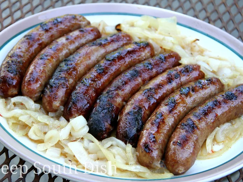 Grilled Beer Brats with Caramelized Onions