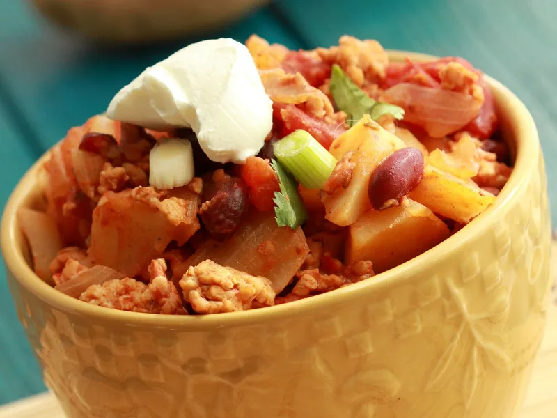 Idaho Potato Turkey Chili with Cilantro and Yogurt Topping