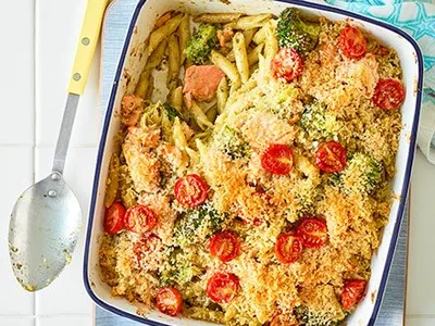 Pesto Salmon Pasta Bake with Broccoli