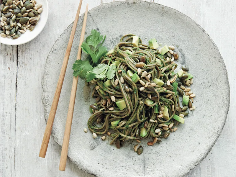 Buckwheat Soba Noodle Salad with Fresh Herb Asian Pesto