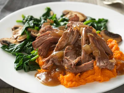 Beef Pot Roast with Cider Gravy and Maple Sweet Potatoes