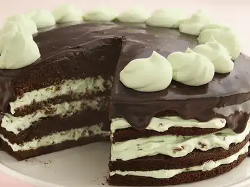 Pistachio Mousse Brownie Torte with Chocolate Glaze