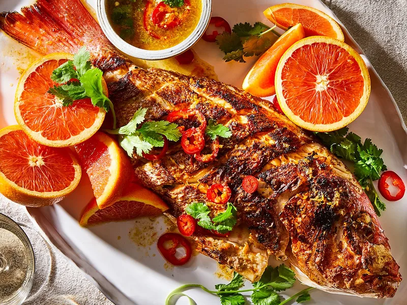 Grilled Red Snapper with Cara Cara Orange Chile Marinade
