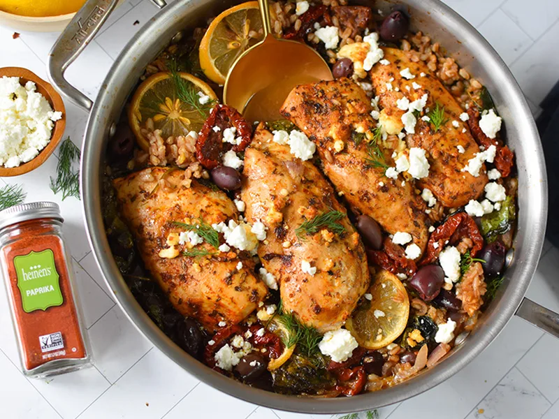 One-Skillet Greek Chicken with Farro and Sun-Dried Tomatoes