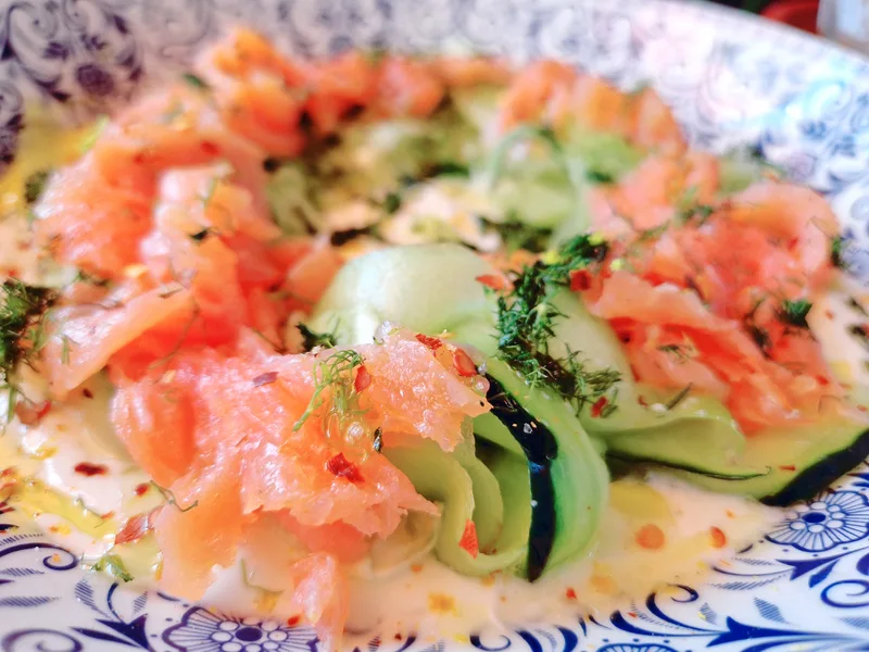 Cucumber Noodle Bowl with Pickled Salmon and Yogurt