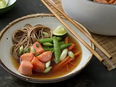 One-Pot Soba Salmon Bowl with Ginger Soy Broth