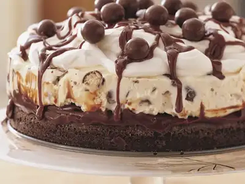 Chocolate Malt Ice Cream Cake with Fudge and Malted Milk Balls