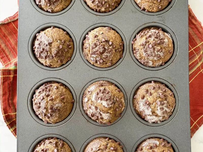 Churro Style Pumpkin Chocolate Chip Muffins with Cinnamon Sugar