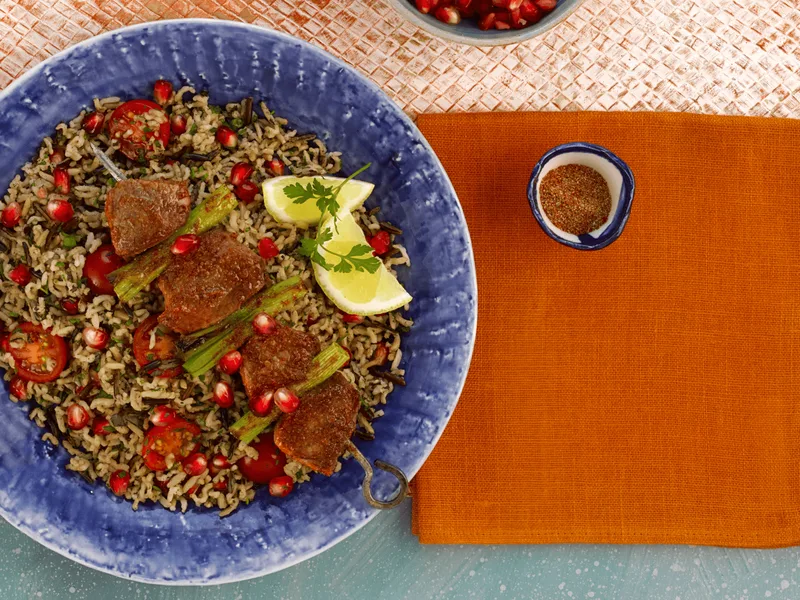 Lamb Skewers with Herb Rice Tabbouleh
