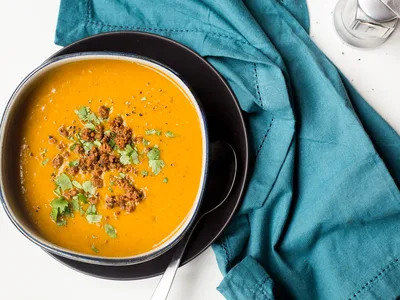 Creamy Pumpkin Chorizo Soup with Cilantro