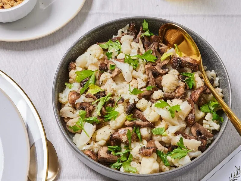 Roasted Cauliflower Steaks with Sautéed Mushrooms and Tahini