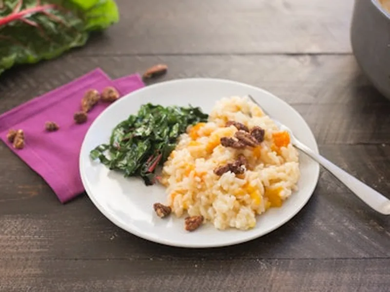 Baked Butternut Squash Risotto with Spiced Pecans and Chard