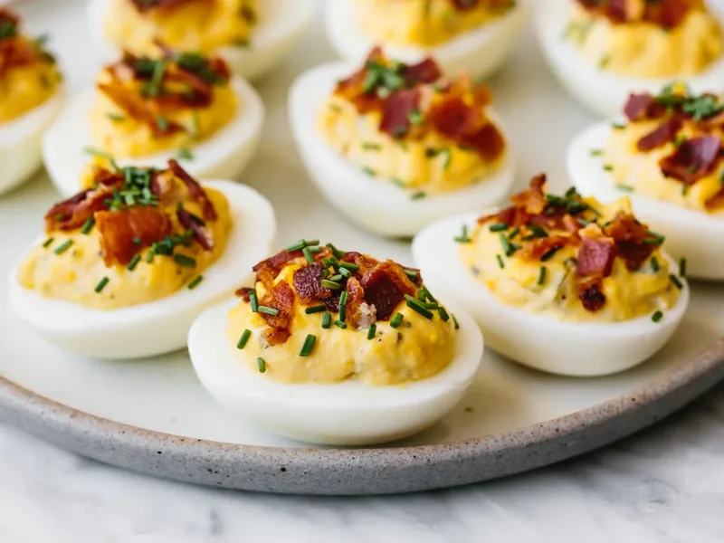 Bacon Deviled Eggs with Crispy Crumbles and Fresh Chives