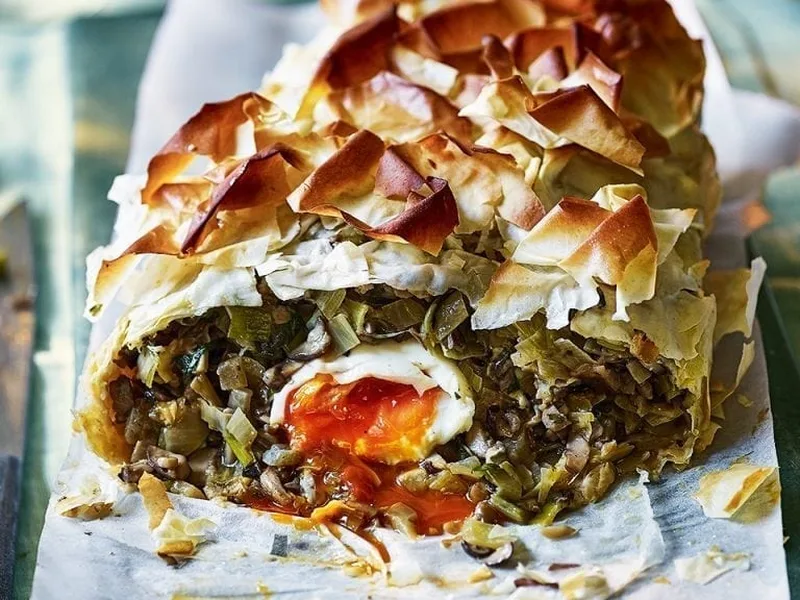 Crispy Filo Mushroom and Leek Pie with Soft Eggs
