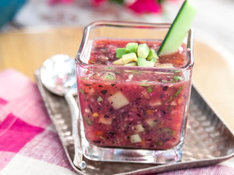 Fresh Blueberry Watermelon Gazpacho with Cucumber and Avocado