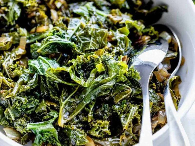 Sautéed Kale with Cider Vinegar and Caramelized Onions