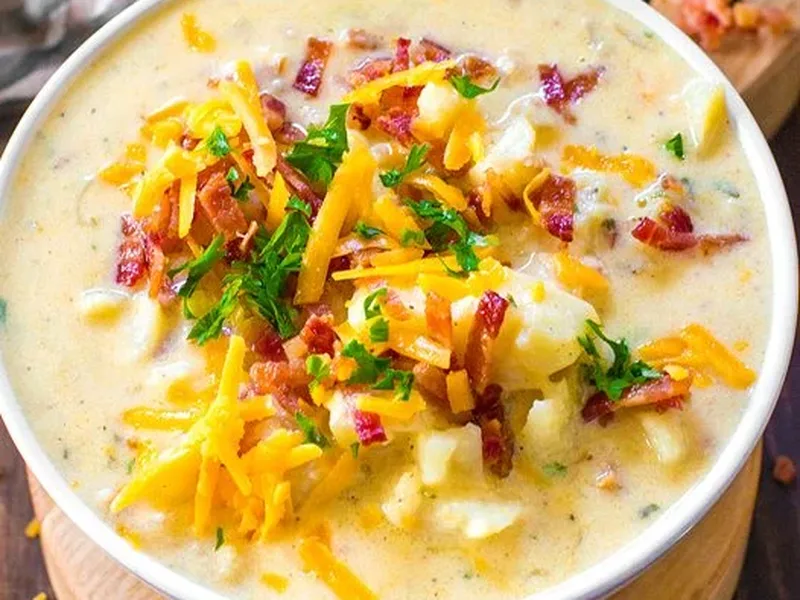 Slow Cooker Yukon Gold Potato Soup with Cheddar and Bacon