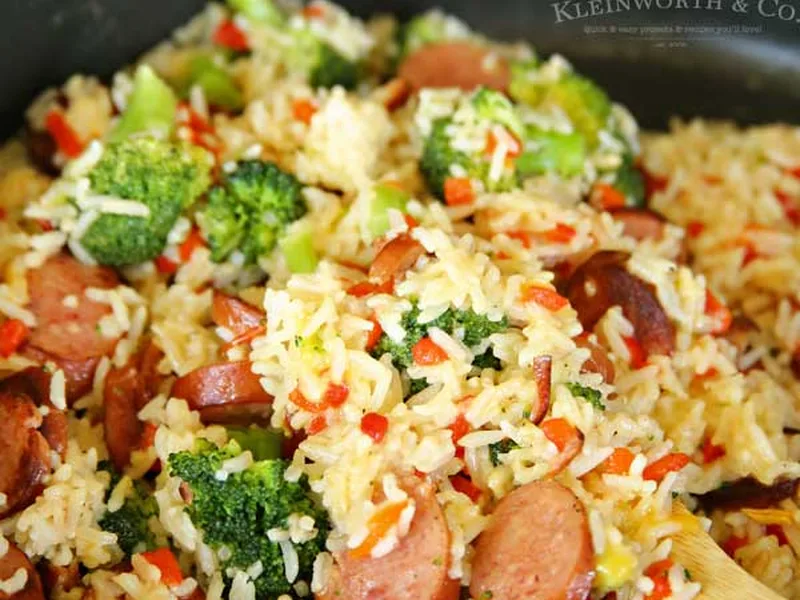 Cheesy Broccoli Sausage Skillet Dinner with Rice and Cheddar