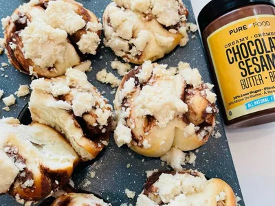 Chocolate Sesame Babka Bites with Crumble Topping