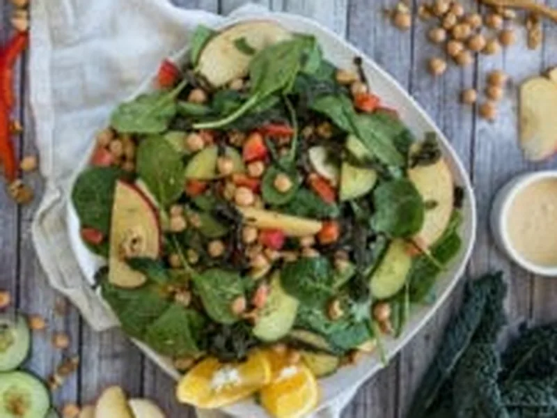Roasted Kale Salad with Oil-Free Hummus Dressing