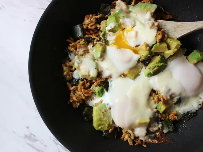 Keto Ground Chicken and Egg Skillet with Poblano Peppers