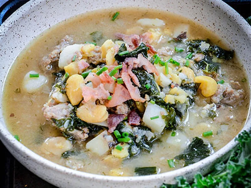 Fava Bean Soup with Italian Sausage, Kale and Bacon