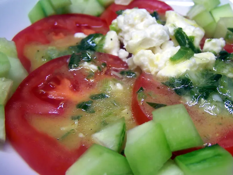 Fresh Tomato Cucumber Salad with Feta and Honey Mustard
