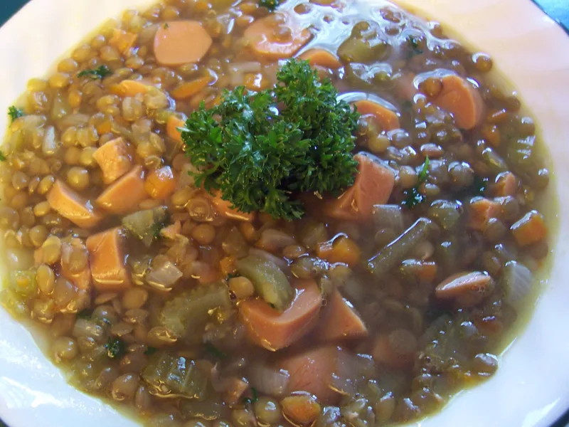 German Lentil Soup with Frankfurter Slices and Bacon