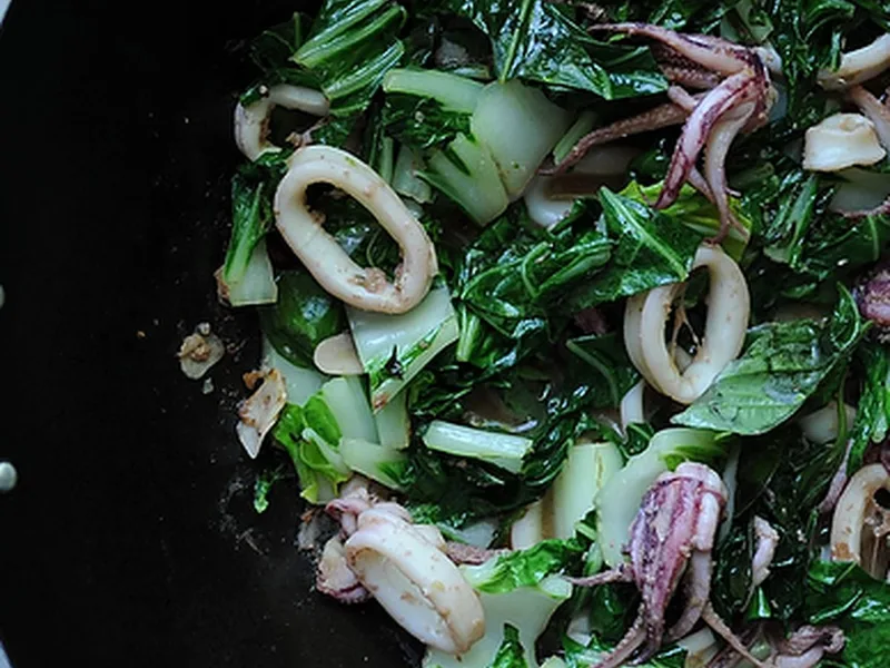 Quick Wok-Fired Squid with Greens and Basil