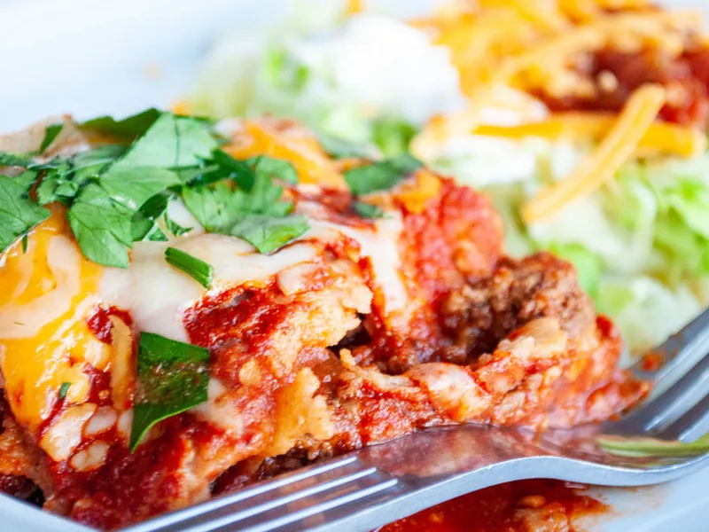 Layered Beef Enchilada Casserole with Cheddar
