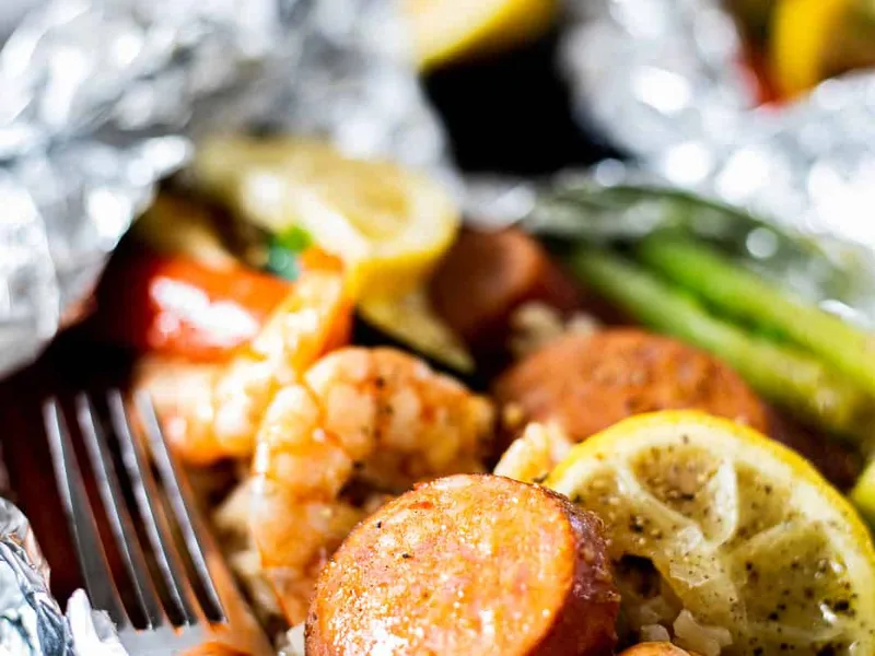 Shrimp and Sausage Foil Packets with Brown Rice