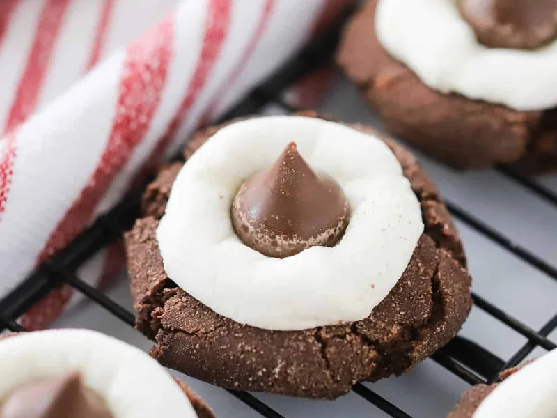 Hot Chocolate Kiss Cookies with Marshmallow Centers