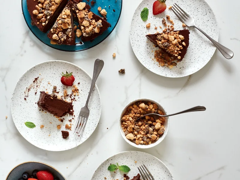 Dark Chocolate Mousse Cake with Cookie Crumble and Coconut Cream