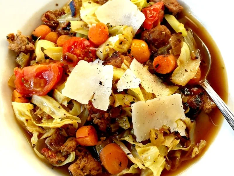 Italian Sausage Cabbage Vegetable Soup with Fresh Herbs