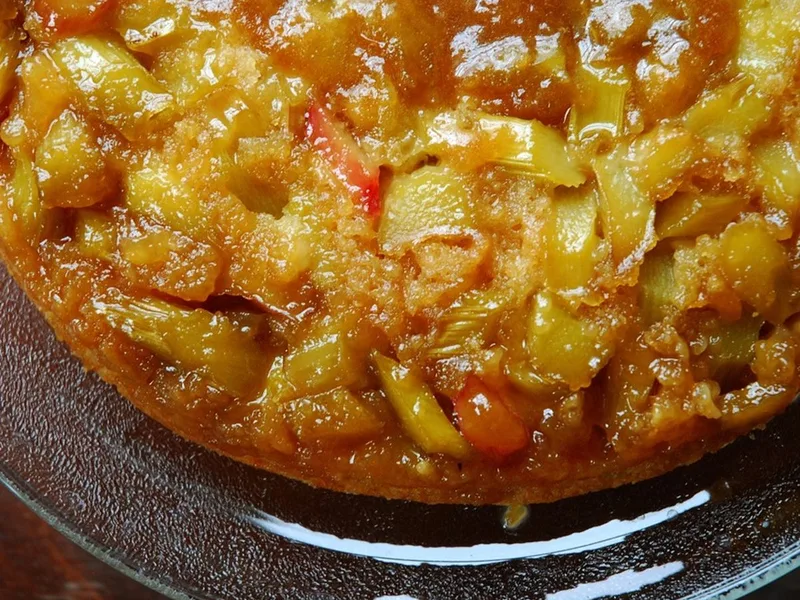 Rhubarb Ginger Upside-Down Oatmeal Cake with Brown Sugar