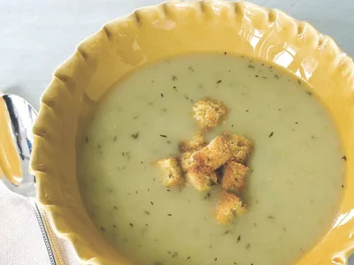 Fried Green Tomato Soup with Cornbread Croutons